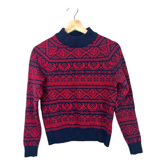 J Crew Cheerful Fair Isle Mock Neck Lambs Wool Sweater Red Blue XS Extra Small - Picture 3 of 10
